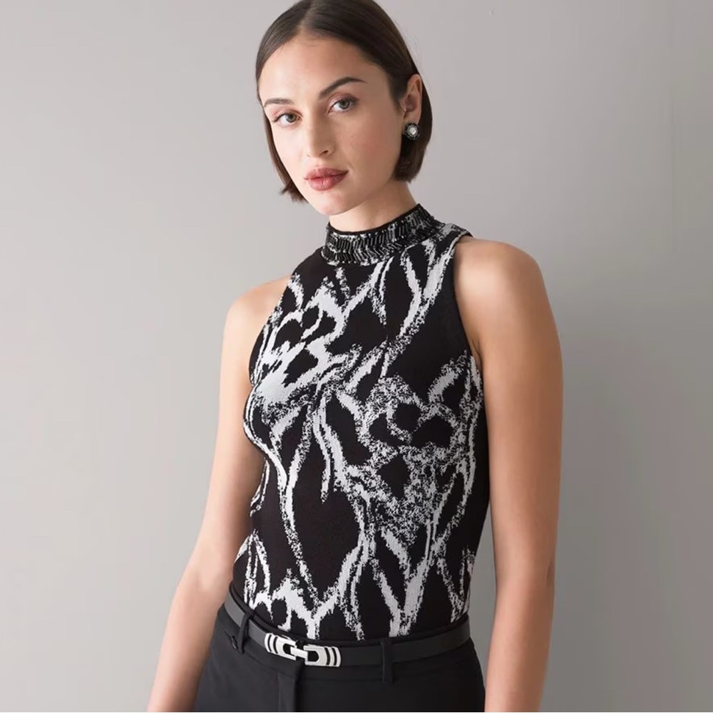 WHBM NWT Beaded Brushed Halter Sleeveless Halter Top Abstract Floral Size XSP